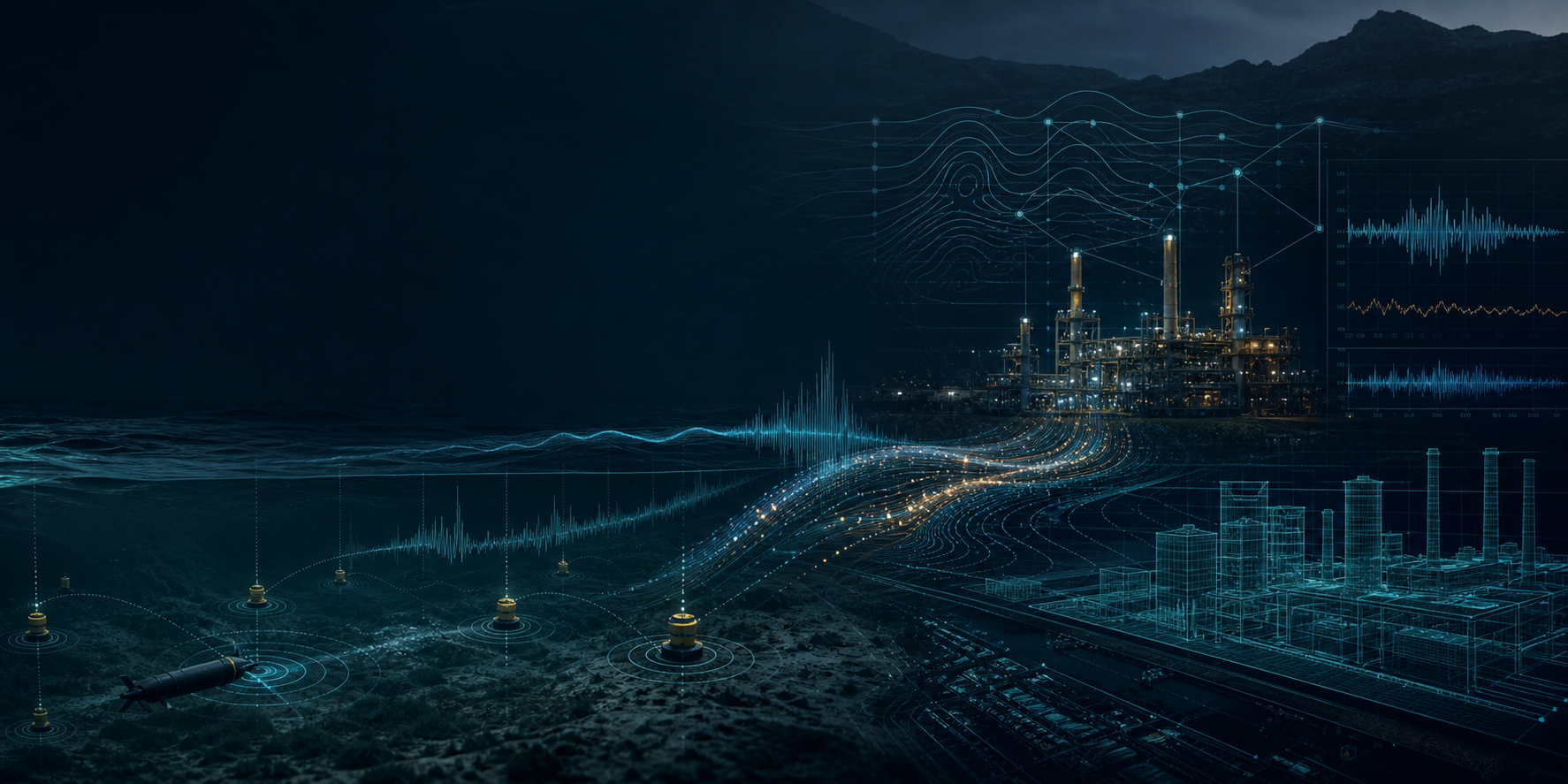 Abstract visual of underwater sensors, telemetry waveforms, industrial digital twins, and signal-processing traces